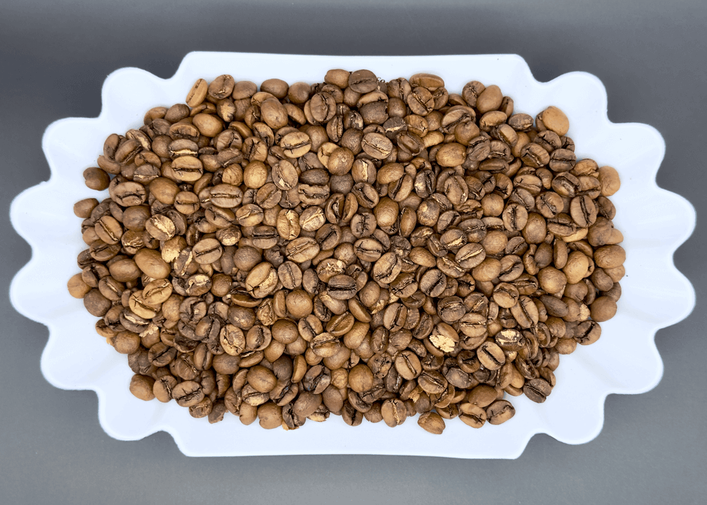 Light roasted Brazilian Cerrado Catuai coffee beans in white scalloped dish, showing rich brown color and consistent roast level