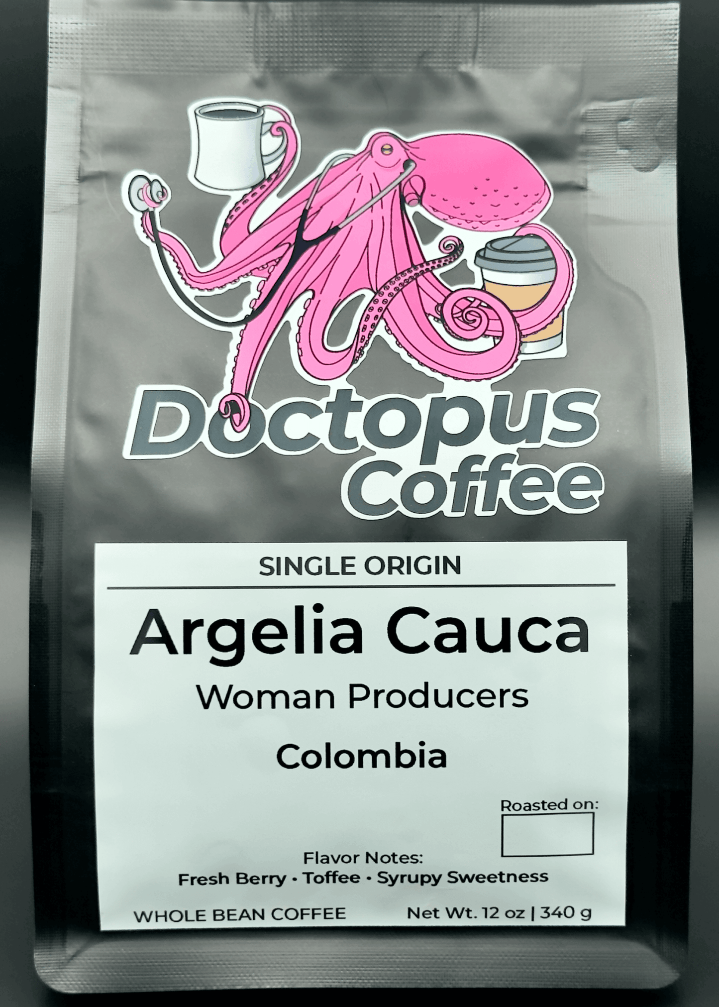 Doctopus Coffee bag featuring pink octopus logo holding ceramic and takeout coffee cups. Label shows Single Origin Argelia Cauca coffee from Colombian women producers with berry and toffee flavor notes