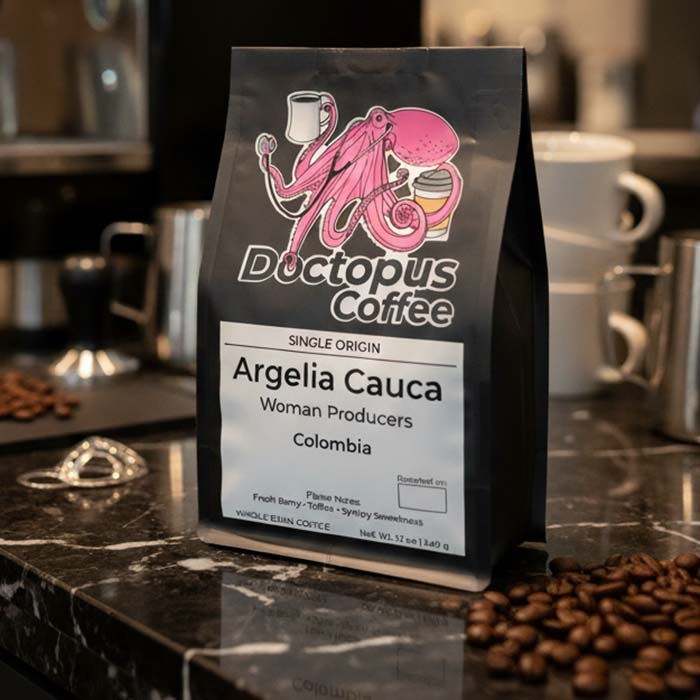 Bag of Argelia Cauca Colombian coffee on marble café countertop