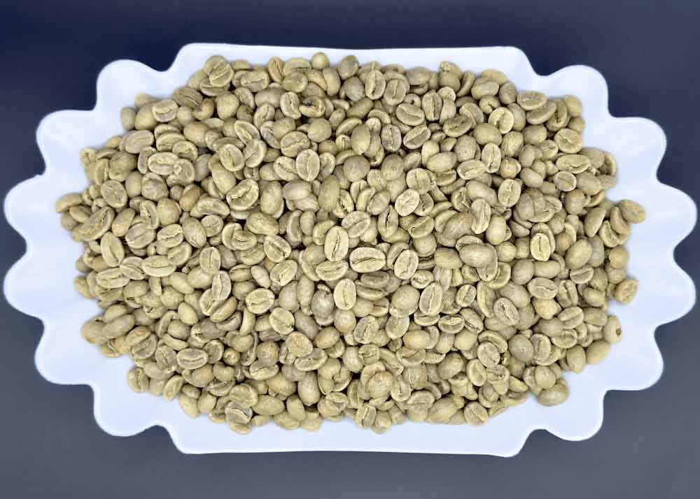 Dish of unroasted green Argelia Cauca Colombian coffee beans, women producers