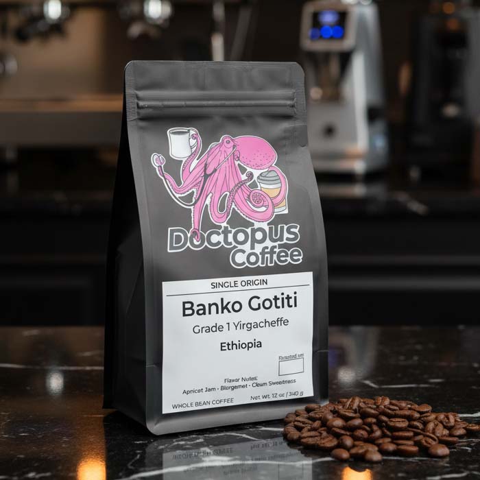 Bag of Banko Gotiti Ethiopian Yirgacheffe coffee on marble café countertop