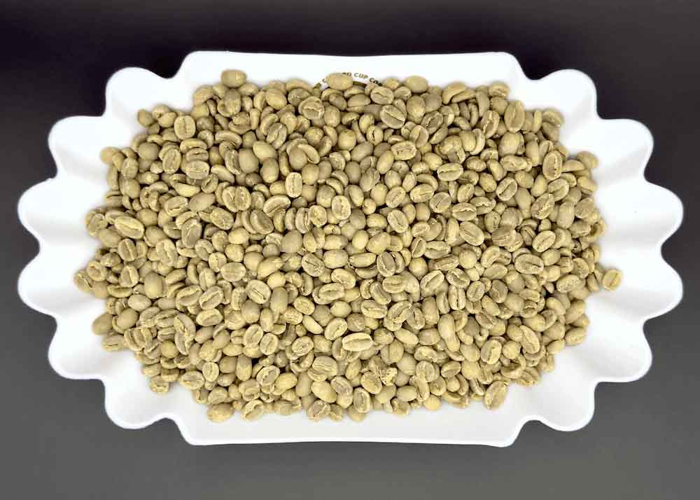 Dish of unroasted green Banko Gotiti Yirgacheffe Ethiopian coffee beans, heirloom varieties