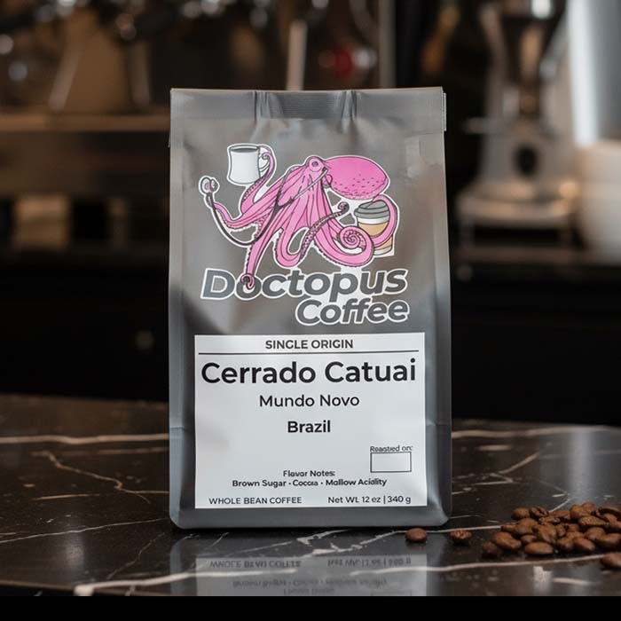 Bag of Cerrado Catuai Brazilian coffee on marble café countertop