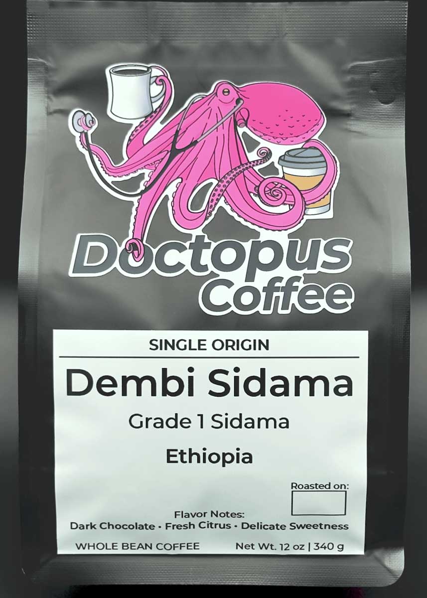 Front view of Dembi Sidama Ethiopian coffee bag