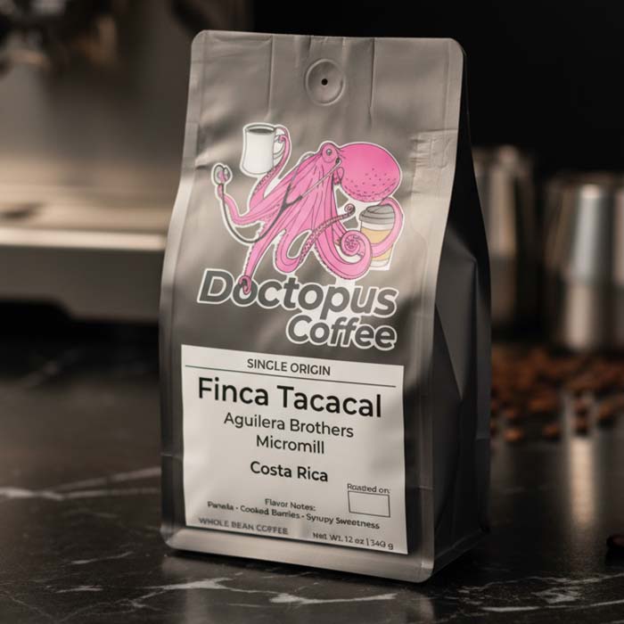 Bag of Finca Tacacal Costa Rican coffee on marble café countertop