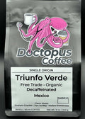 Front view of Triunfo Verde Mexican decaf coffee bag