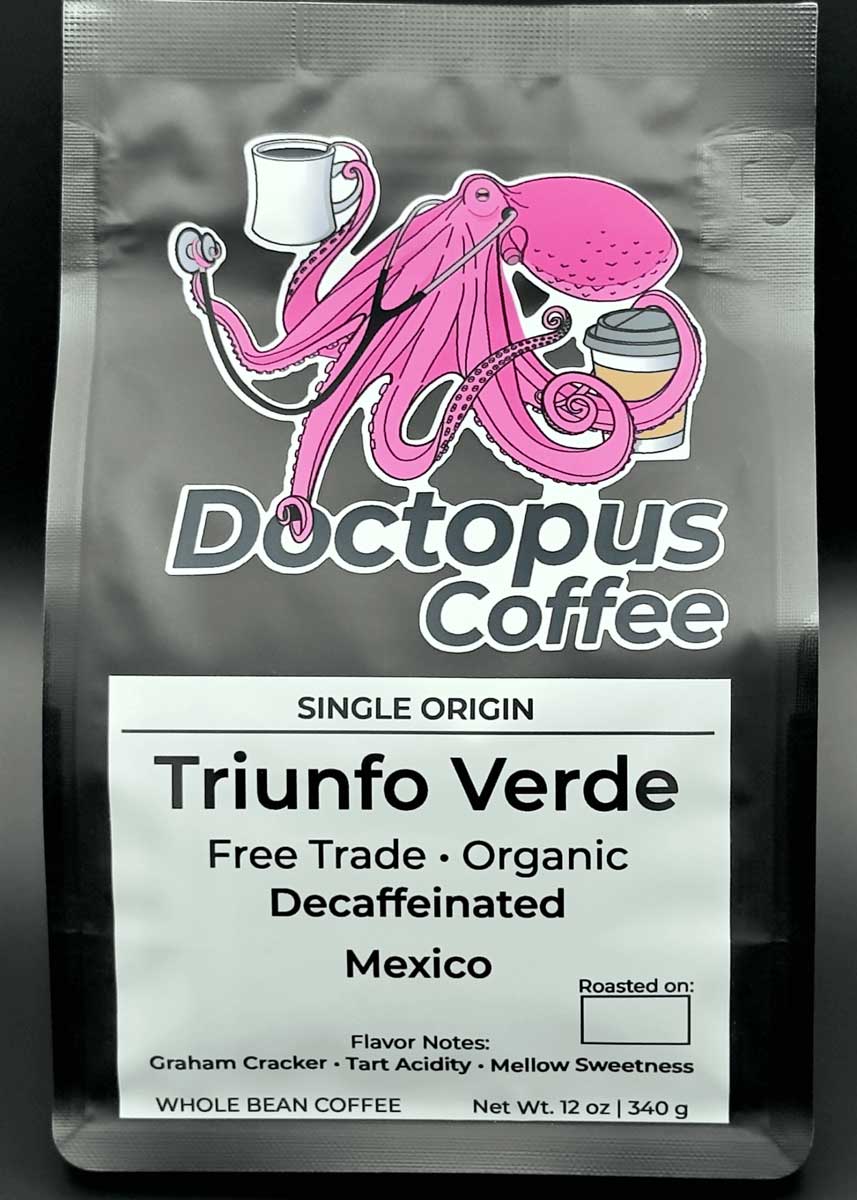 Front view of Triunfo Verde Mexican decaf coffee bag