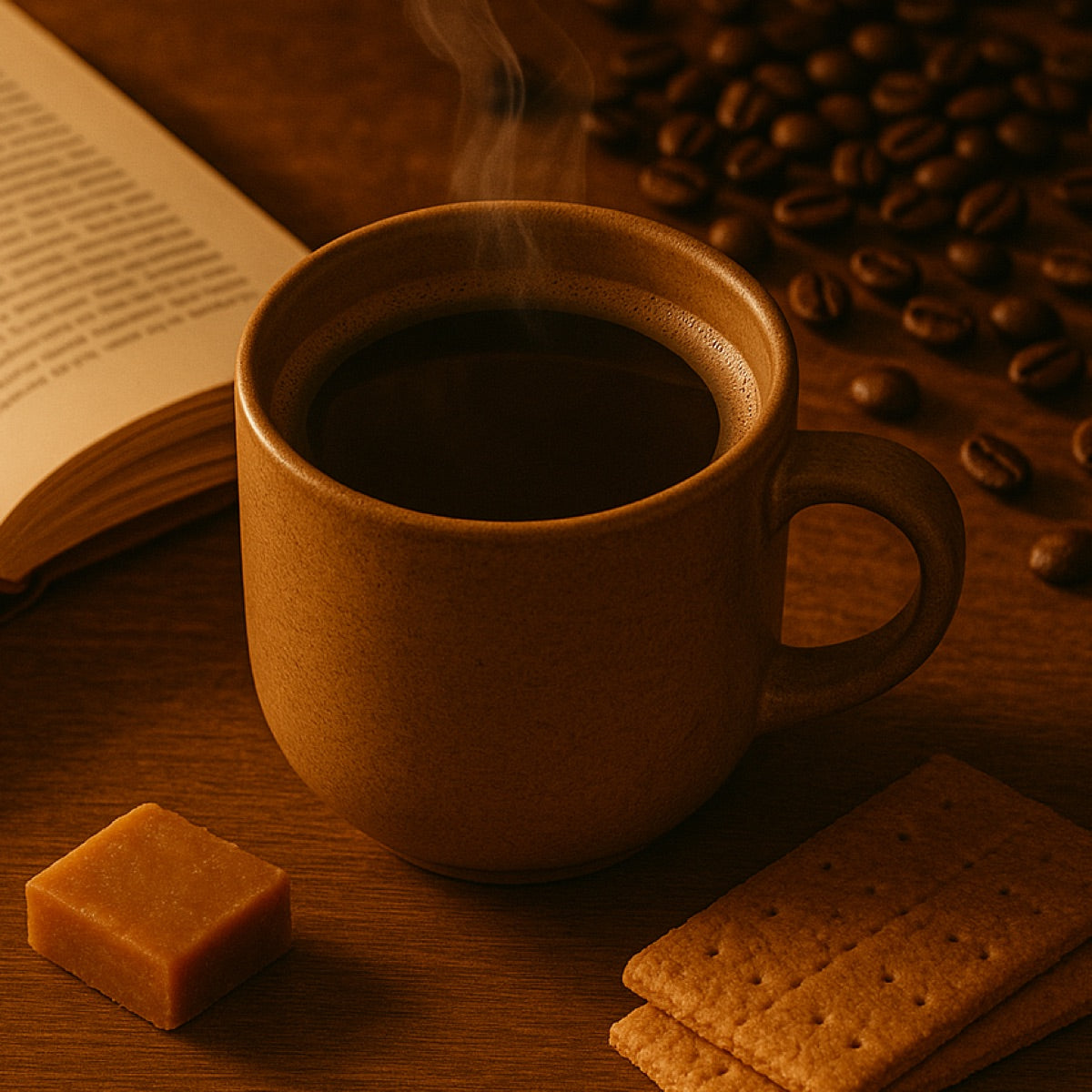 Cozy evening scene with a steaming mug of organic decaf coffee beside graham crackers and an open book, softly lit to suggest calm and relaxation.